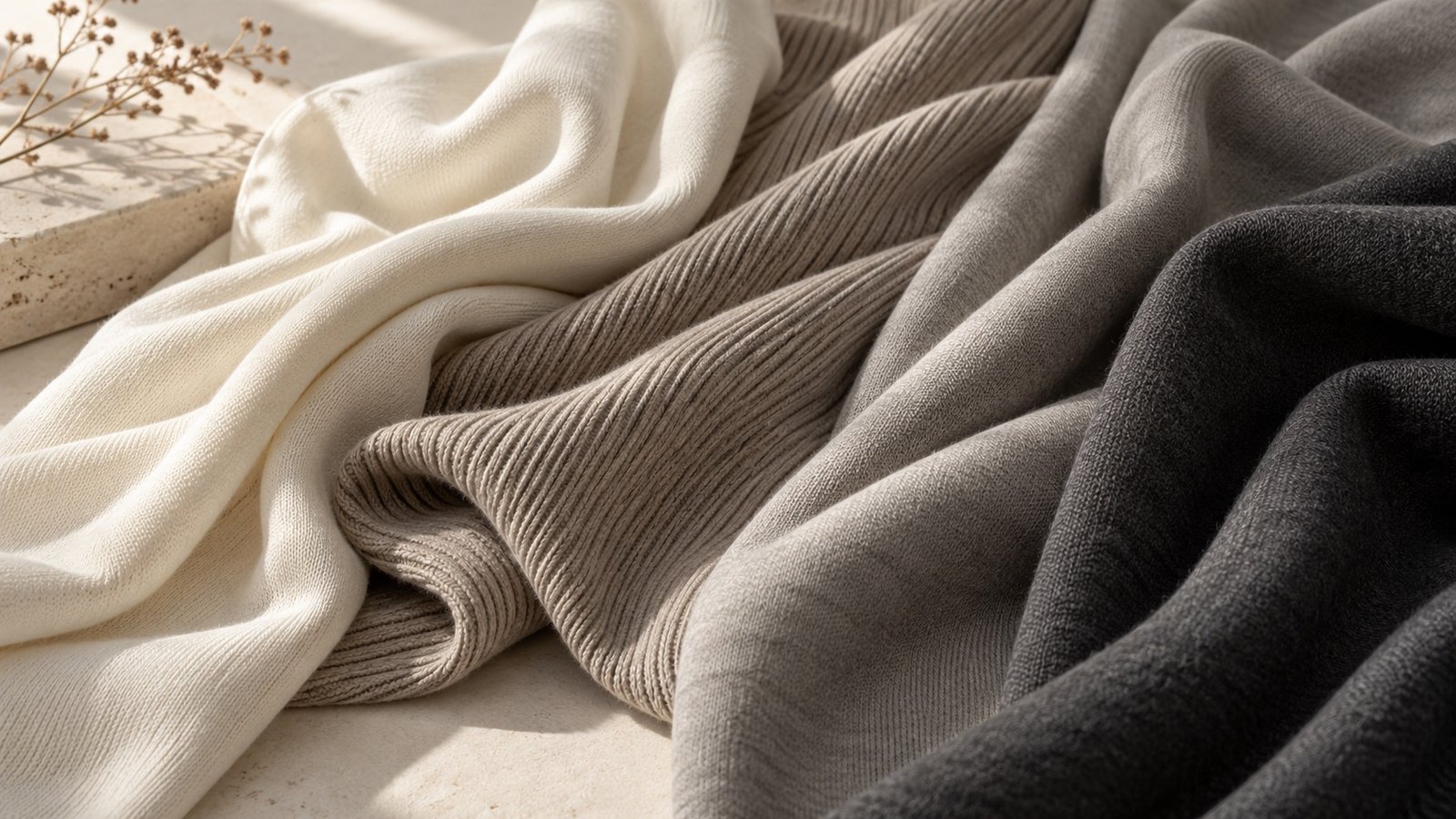 Neutral knitted fabrics arranged in flowing folds