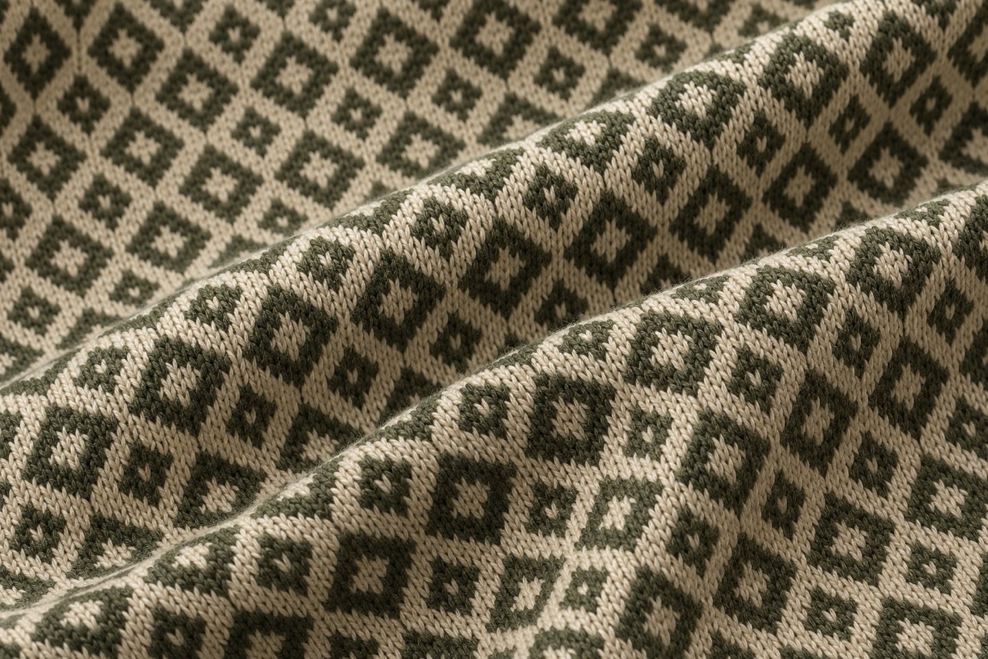 Olive and cream geometric jacquard knitted fabric