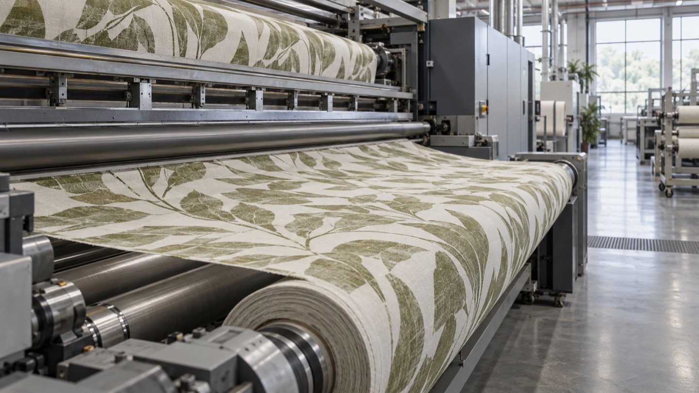 Roll-to-roll fabric printing — illustrative scene