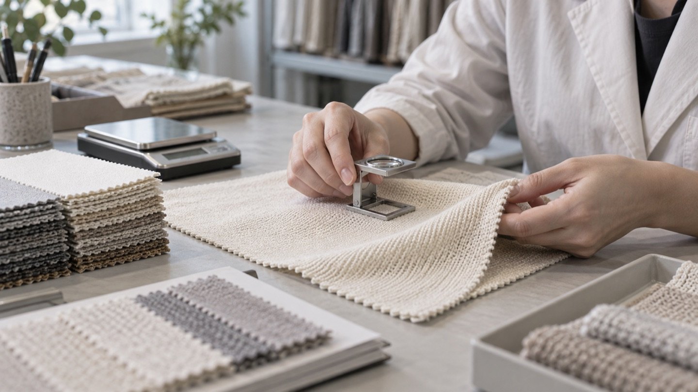 Textile swatches being inspected — illustrative scene