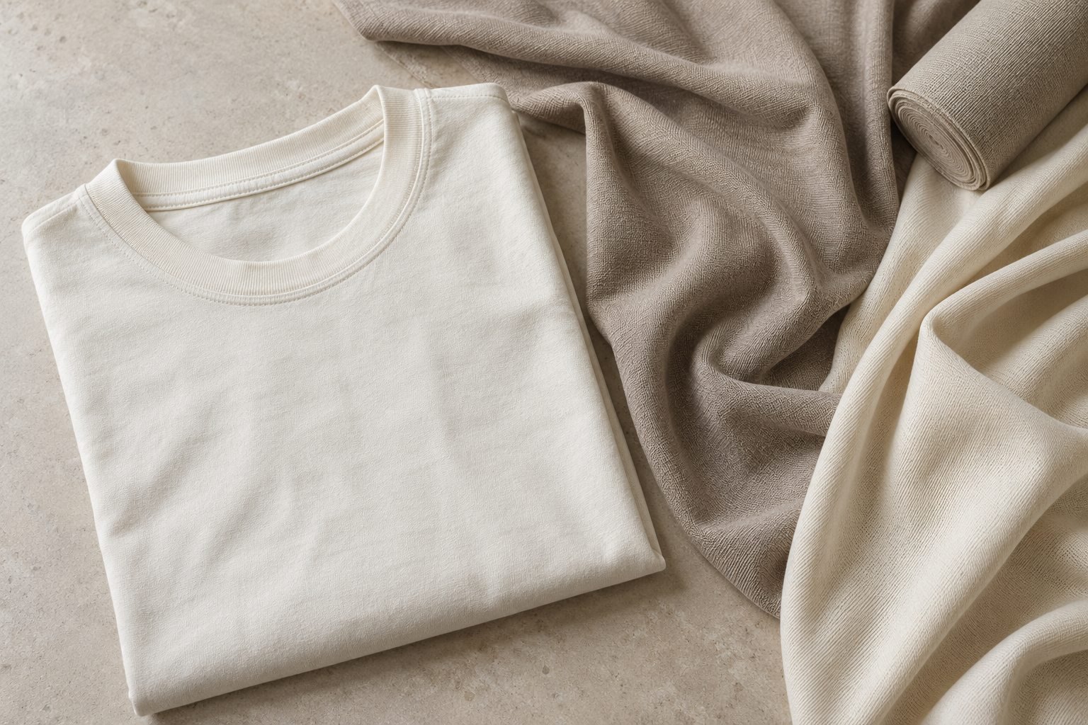 Illustrative T-shirt application with cream and taupe jersey fabric
